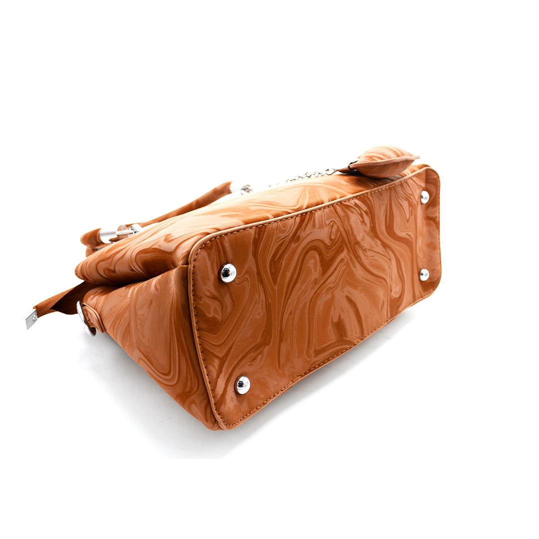 Glossy Caramel Fashion Handbag with Charm