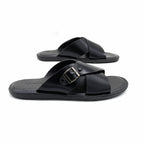 Cross-Strap Buckle Leather Slide Sandals
