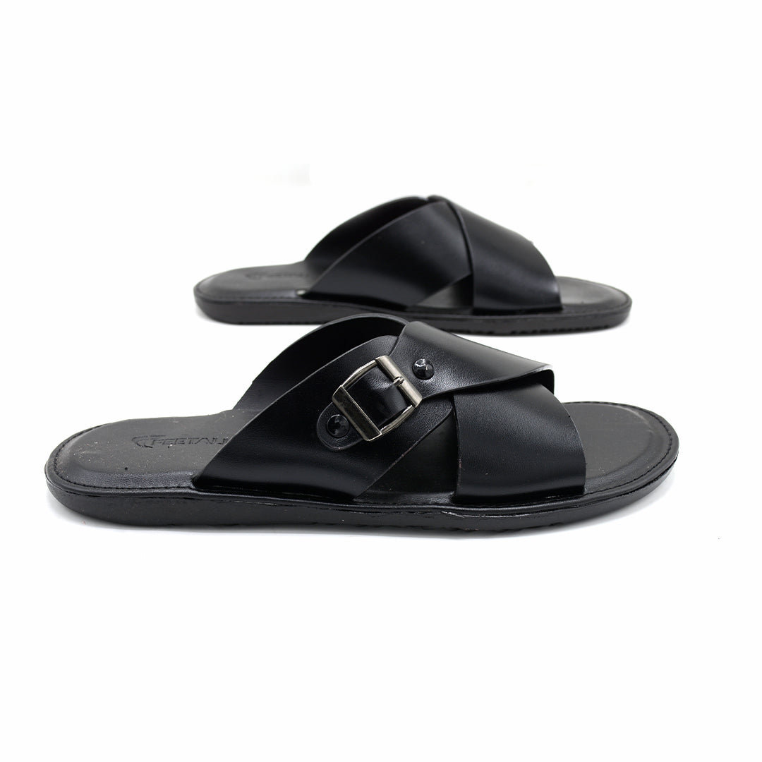 Cross-Strap Buckle Leather Slide Sandals