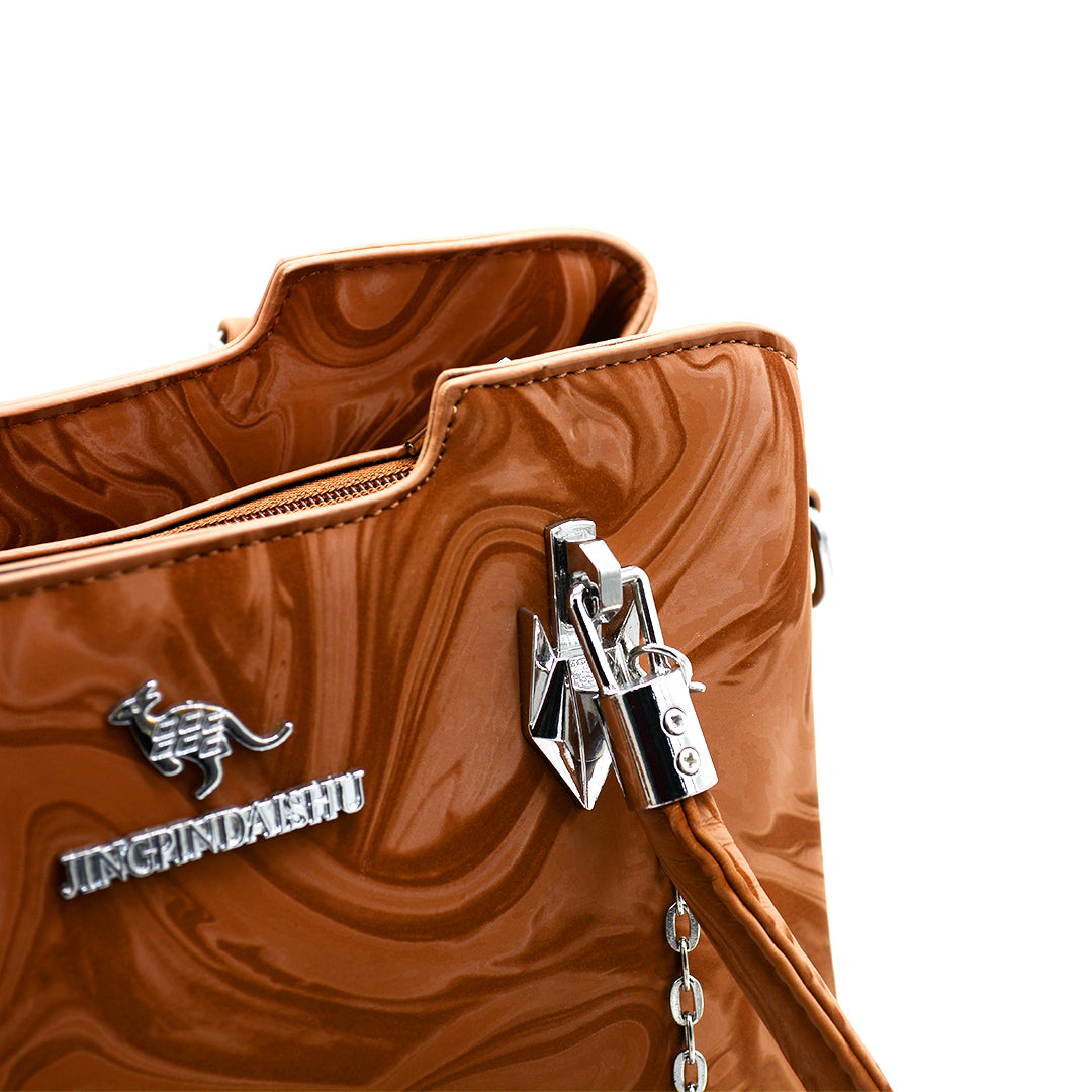 Glossy Caramel Fashion Handbag with Charm