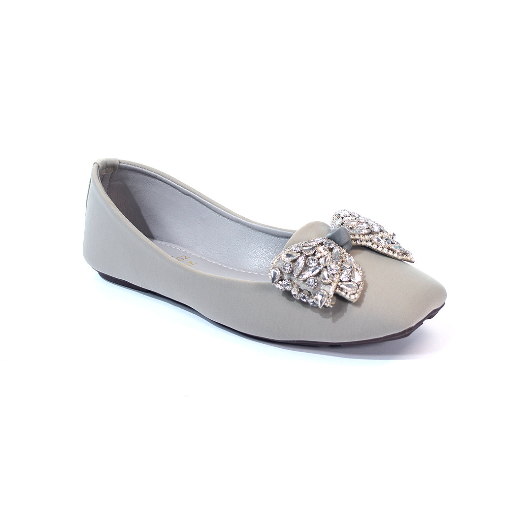 Grey Embellished Bow Ballet Flats