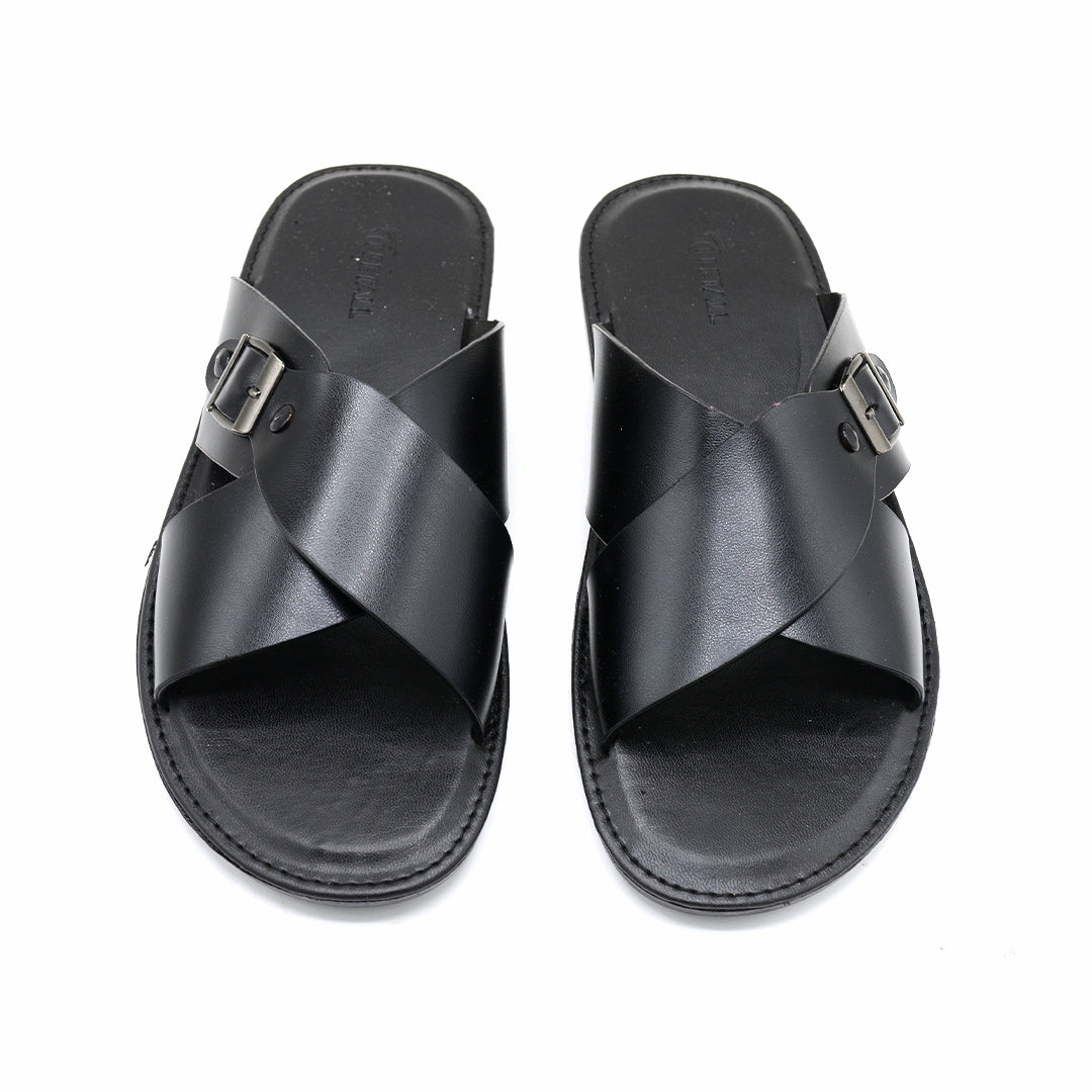 Cross-Strap Buckle Leather Slide Sandals