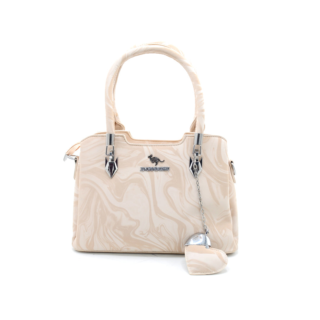 Glossy Beige Swirl Pattern Handbag with Charm
