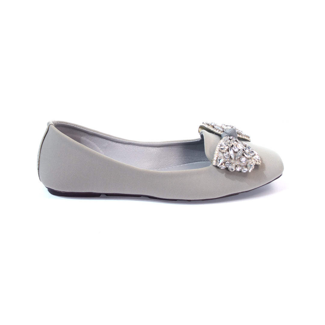 Grey Embellished Bow Ballet Flats