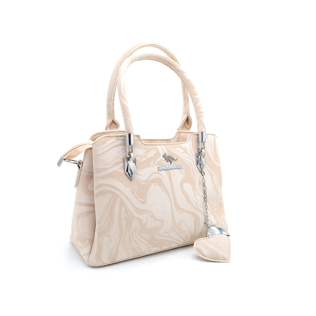 Glossy Beige Swirl Pattern Handbag with Charm
