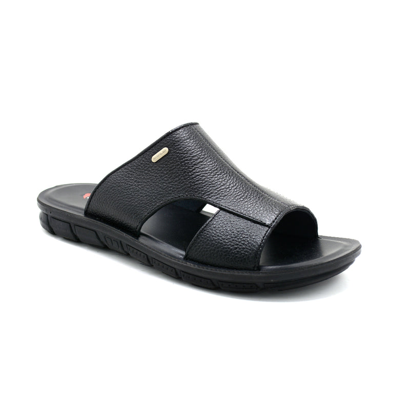 Black Textured Leather Comfort Slides