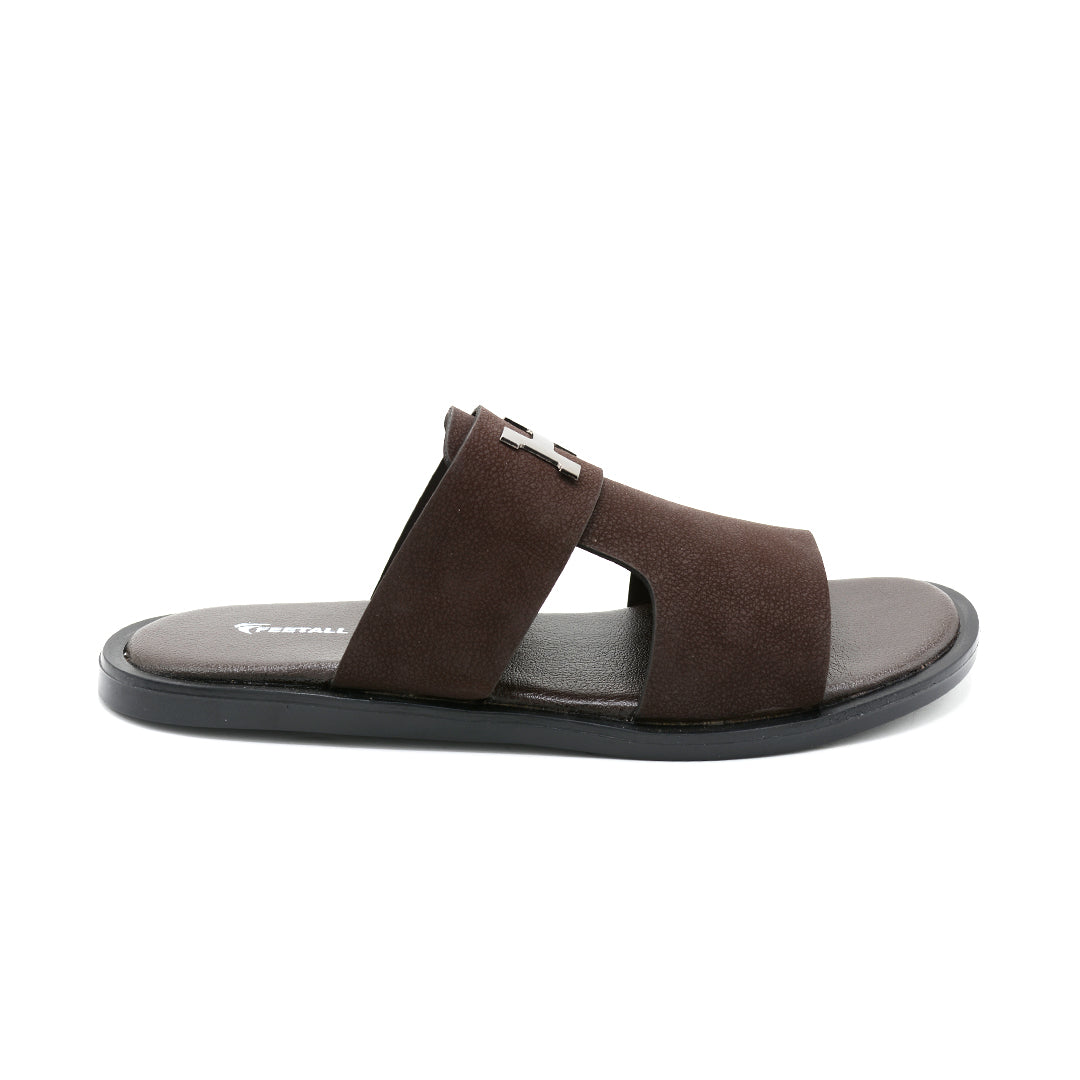 Luxe Brown Leather H-Buckle Slide Sandals