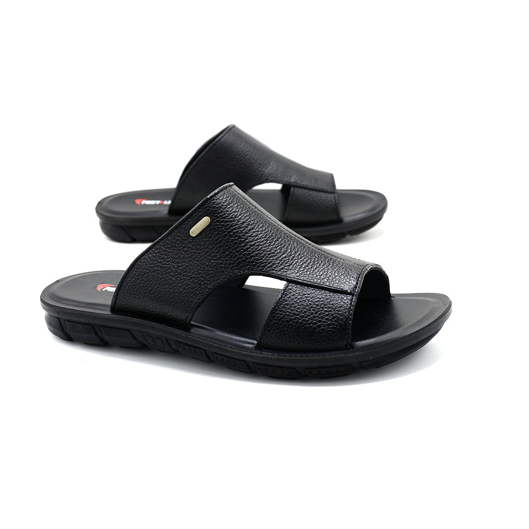 Black Textured Leather Comfort Slides
