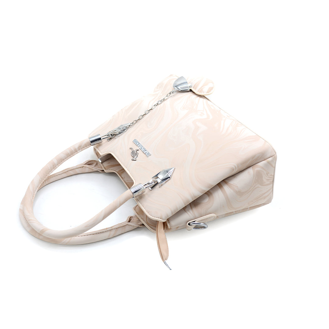 Glossy Beige Swirl Pattern Handbag with Charm