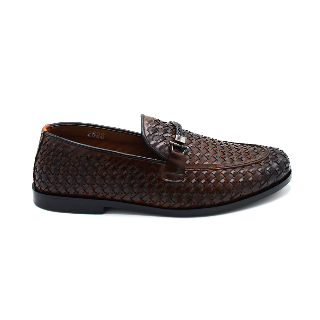 Brown Woven Leather-Style Slip-On Loafers