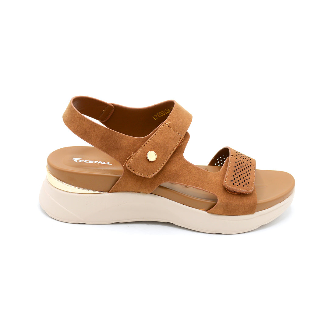 Tan Suede Wedge Sandal with Gold Accent