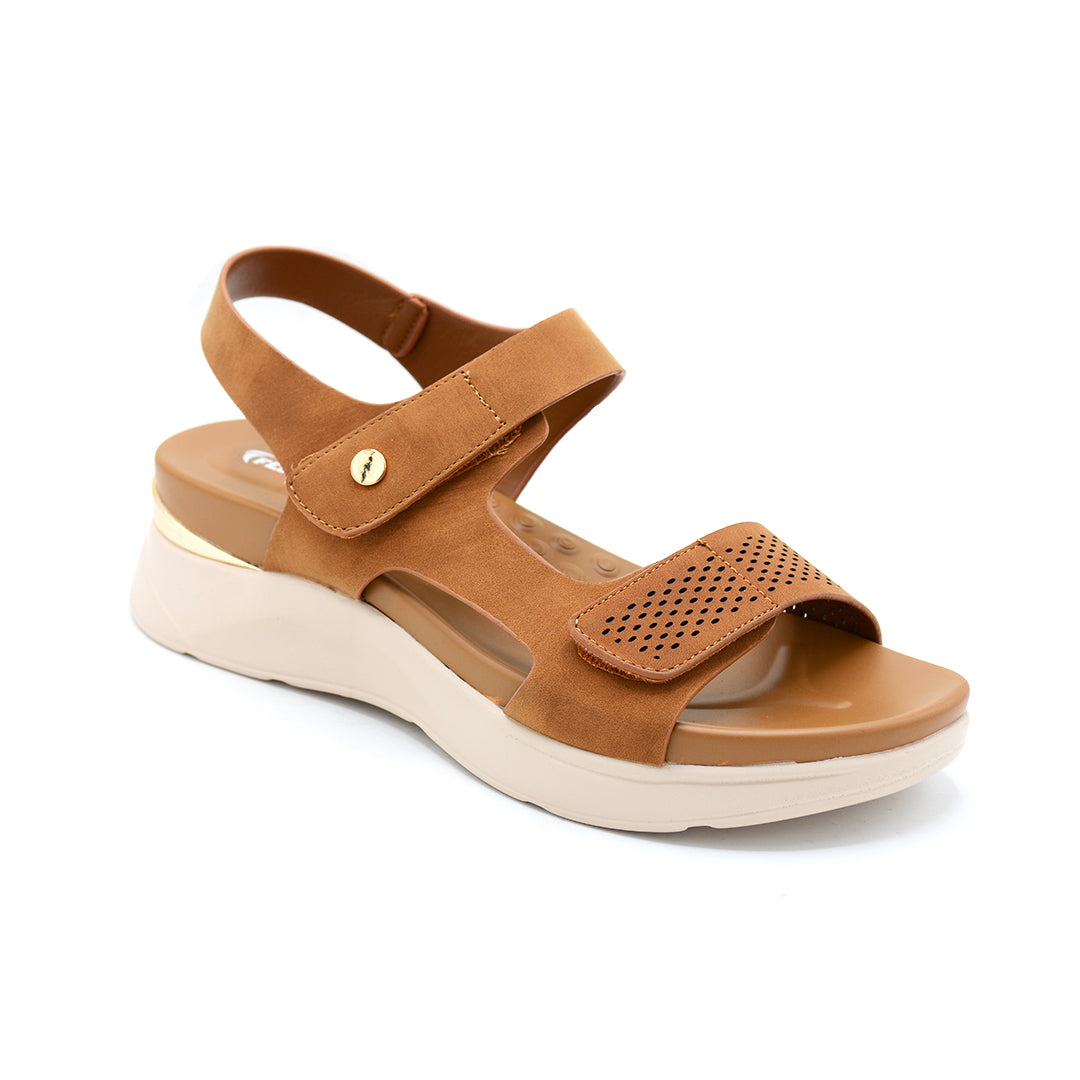 Tan Suede Wedge Sandal with Gold Accent
