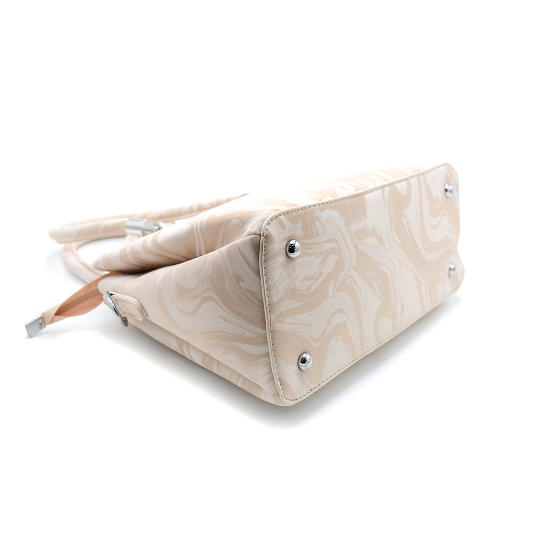 Glossy Beige Swirl Pattern Handbag with Charm