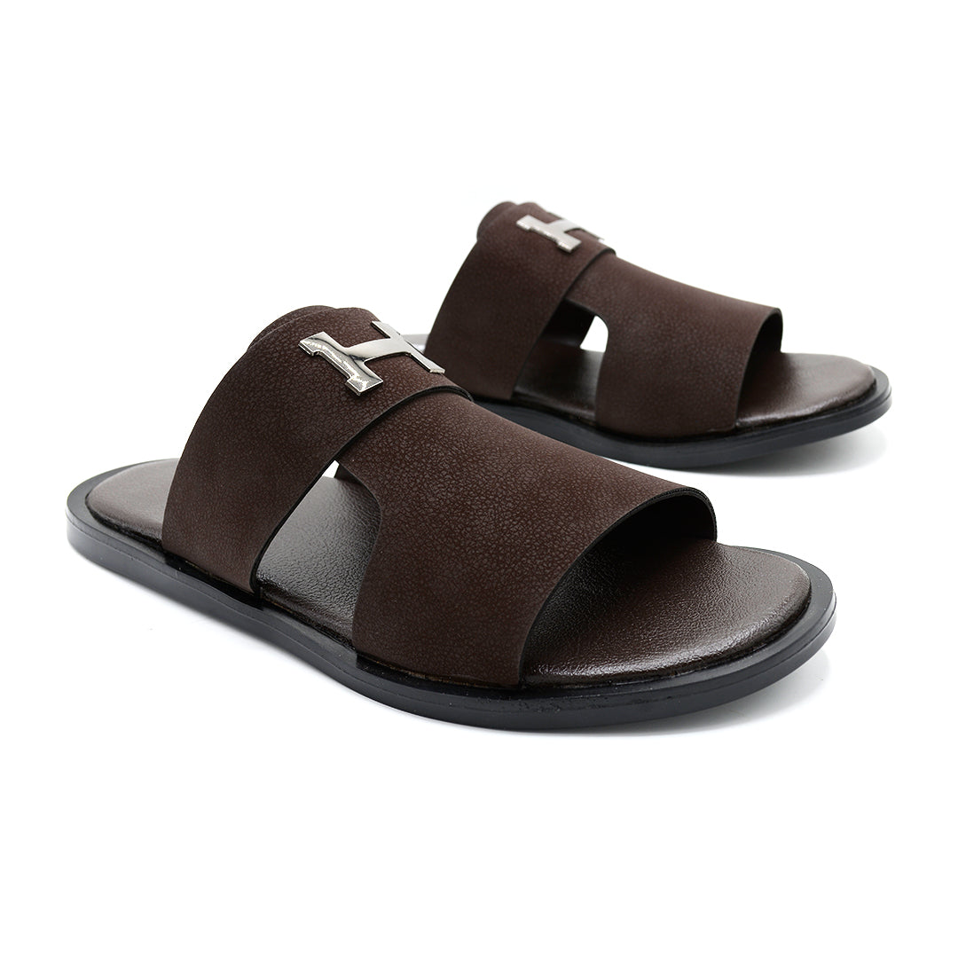 Luxe Brown Leather H-Buckle Slide Sandals