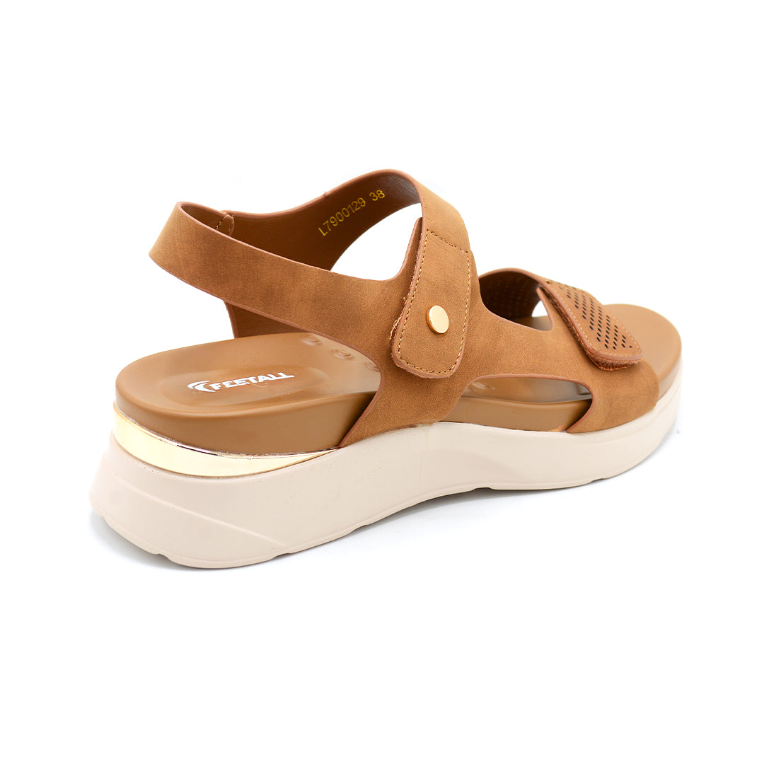 Tan Suede Wedge Sandal with Gold Accent