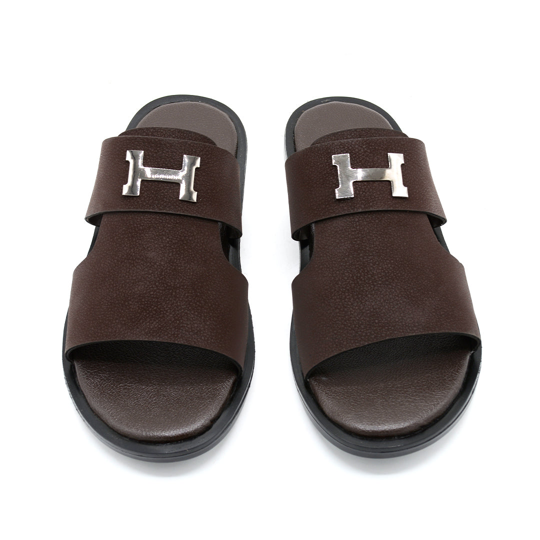 Luxe Brown Leather H-Buckle Slide Sandals
