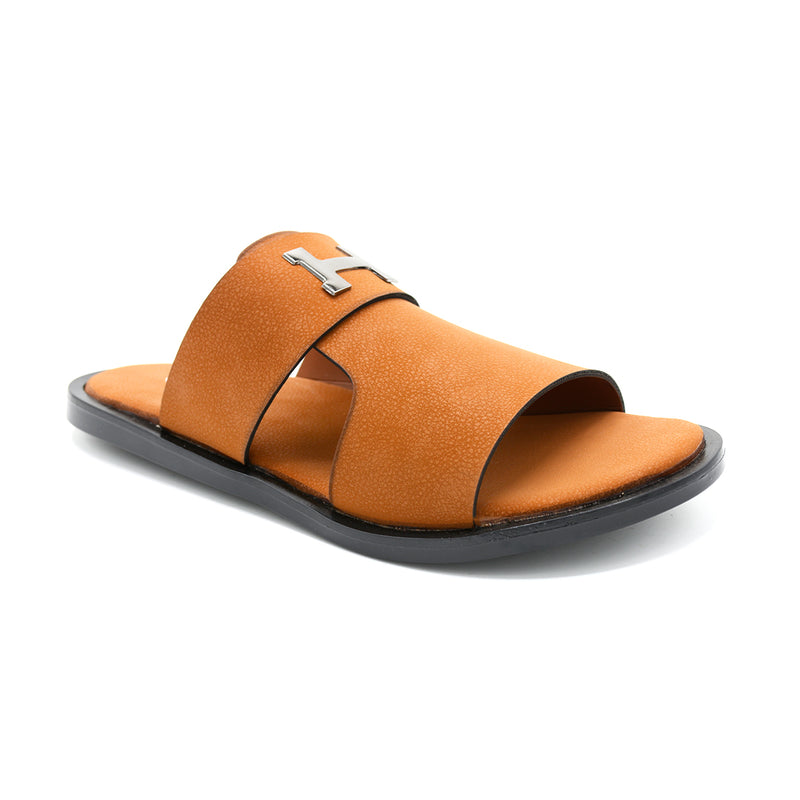 Men's Tan H-Buckle Leather Slide Sandals