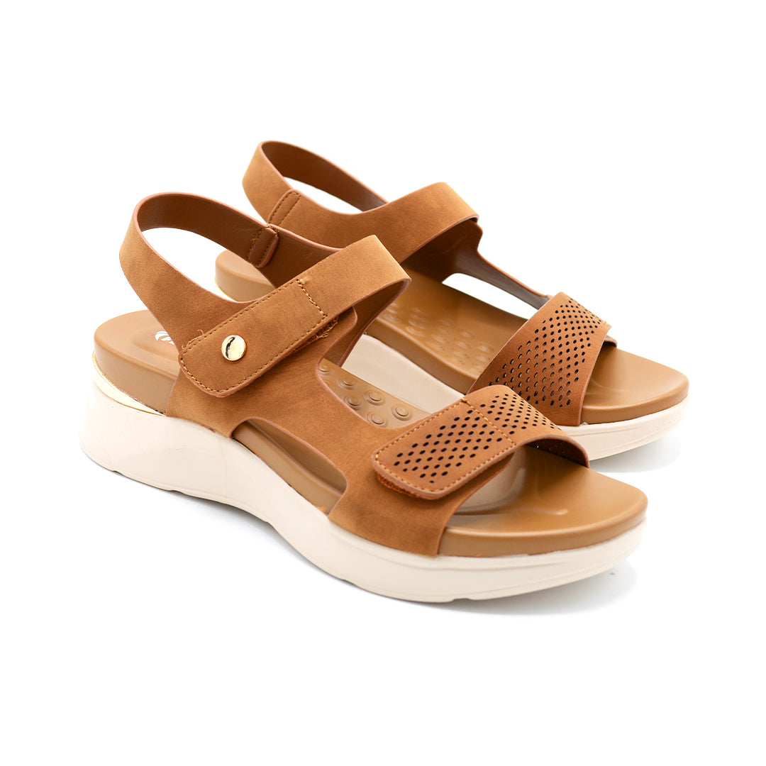 Tan Suede Wedge Sandal with Gold Accent