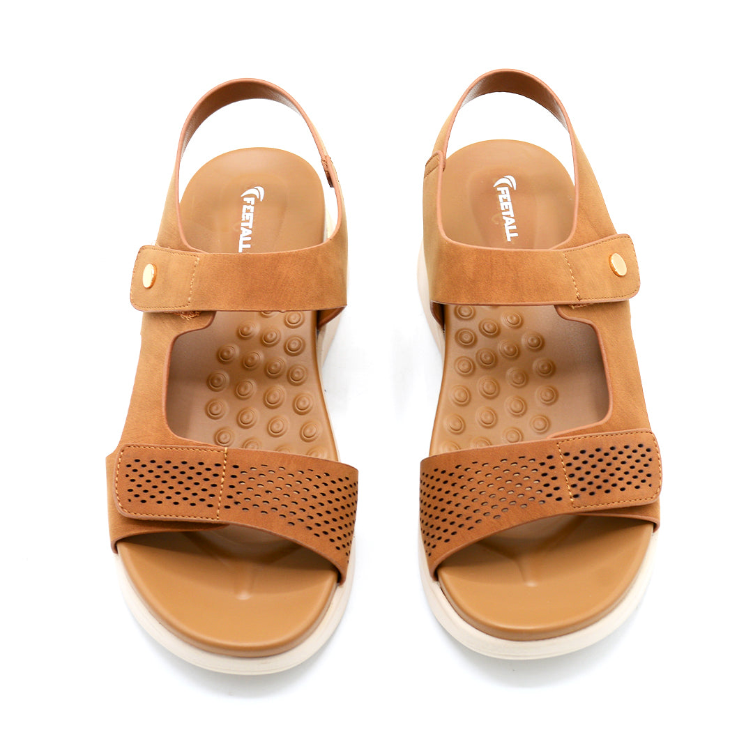 Tan Suede Wedge Sandal with Gold Accent