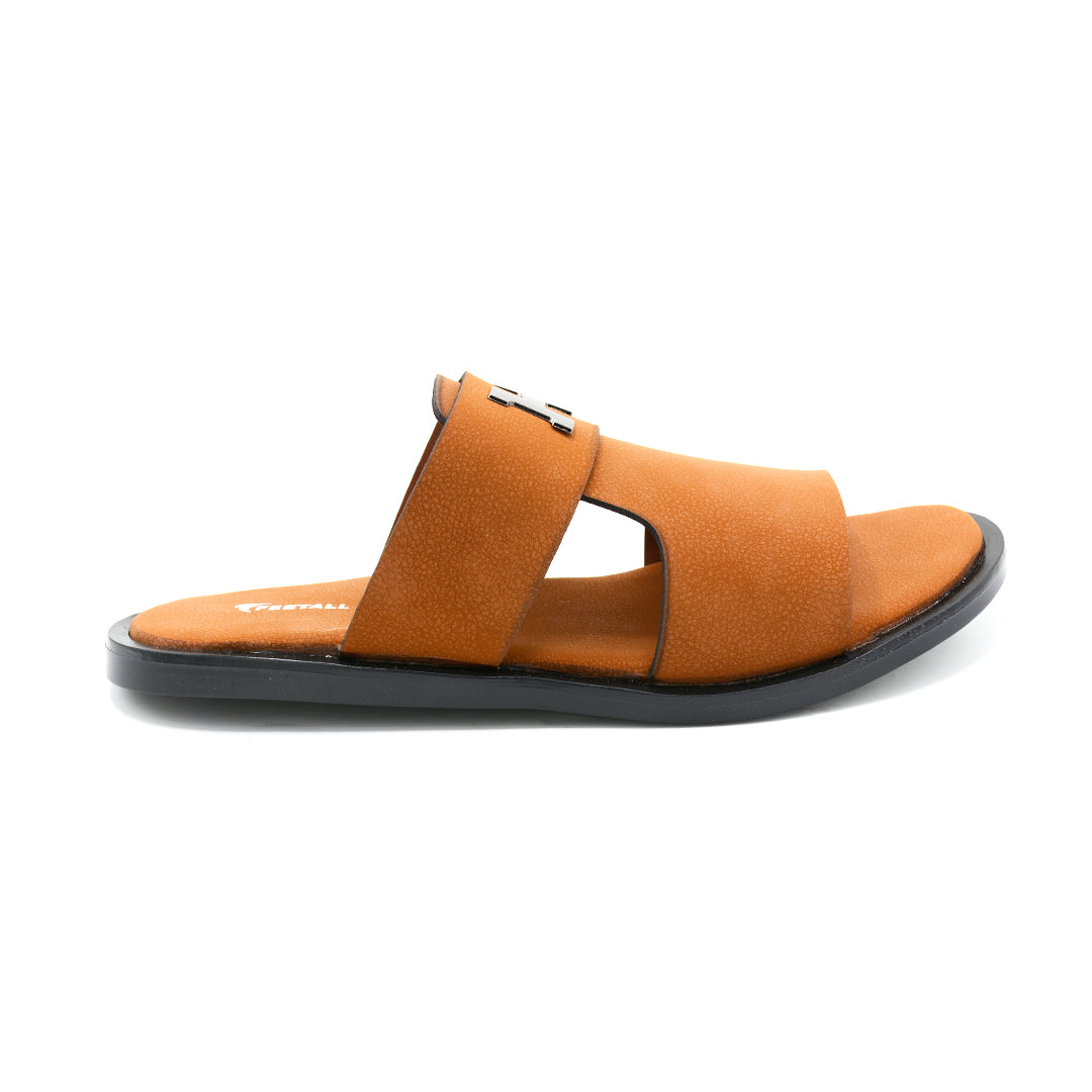 Men's Tan H-Buckle Leather Slide Sandals
