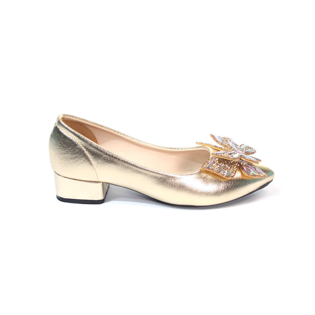 Gold Embellished Floral Pointed-Toe Flats