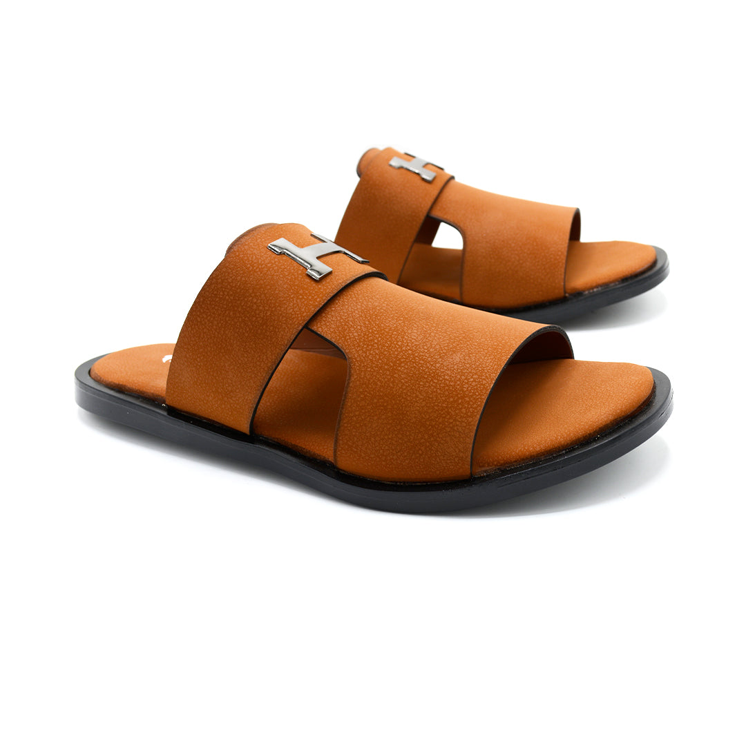 Men's Tan H-Buckle Leather Slide Sandals