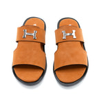 Men's Tan H-Buckle Leather Slide Sandals