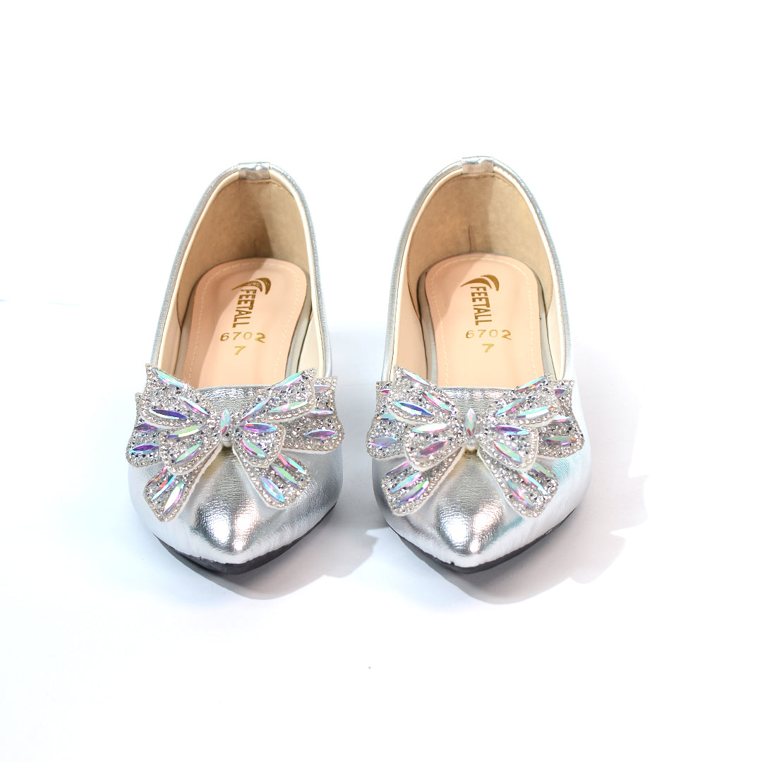 Silver Embellished Floral Pointed-Toe Wedge Flats