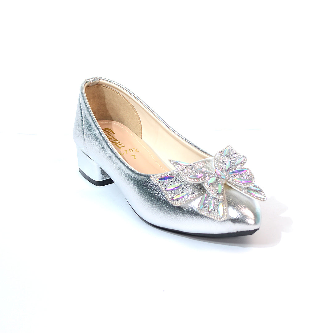 Silver Embellished Floral Pointed-Toe Wedge Flats