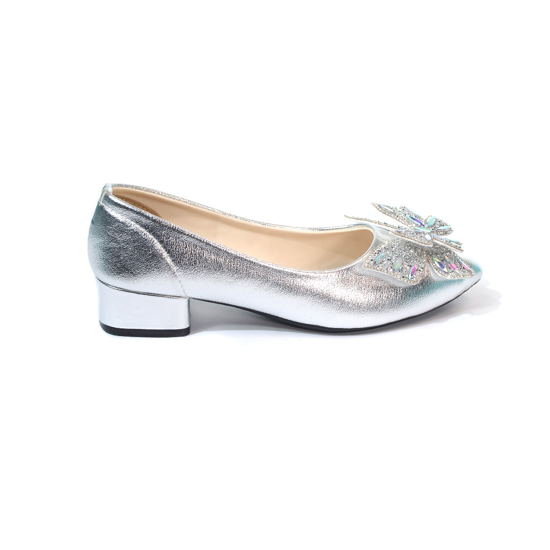 Silver Embellished Floral Pointed-Toe Wedge Flats