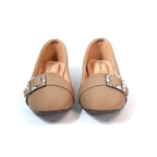 Beige Embellished Buckle Ballet Flats
