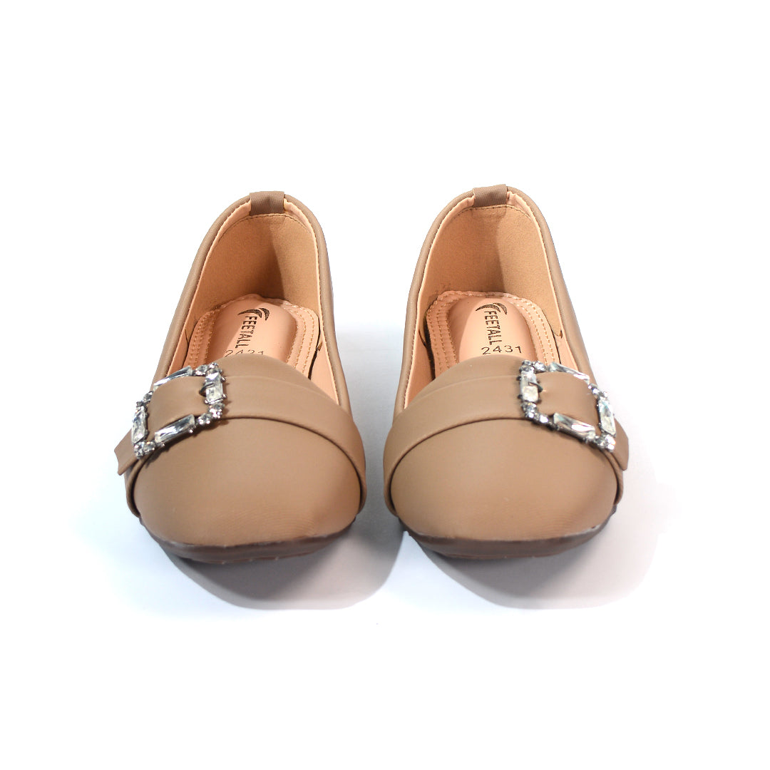 Beige Embellished Buckle Ballet Flats