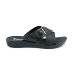 Cross-Strap Buckle Slide Sandal in Black