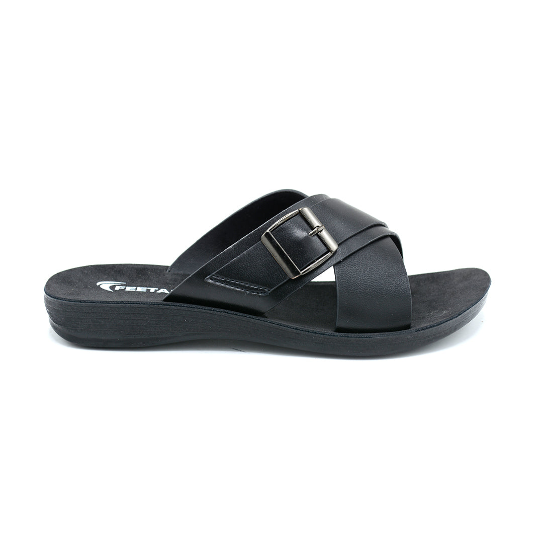 Cross-Strap Buckle Slide Sandal in Black
