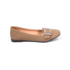 Beige Embellished Buckle Ballet Flats