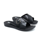 Cross-Strap Buckle Slide Sandal in Black