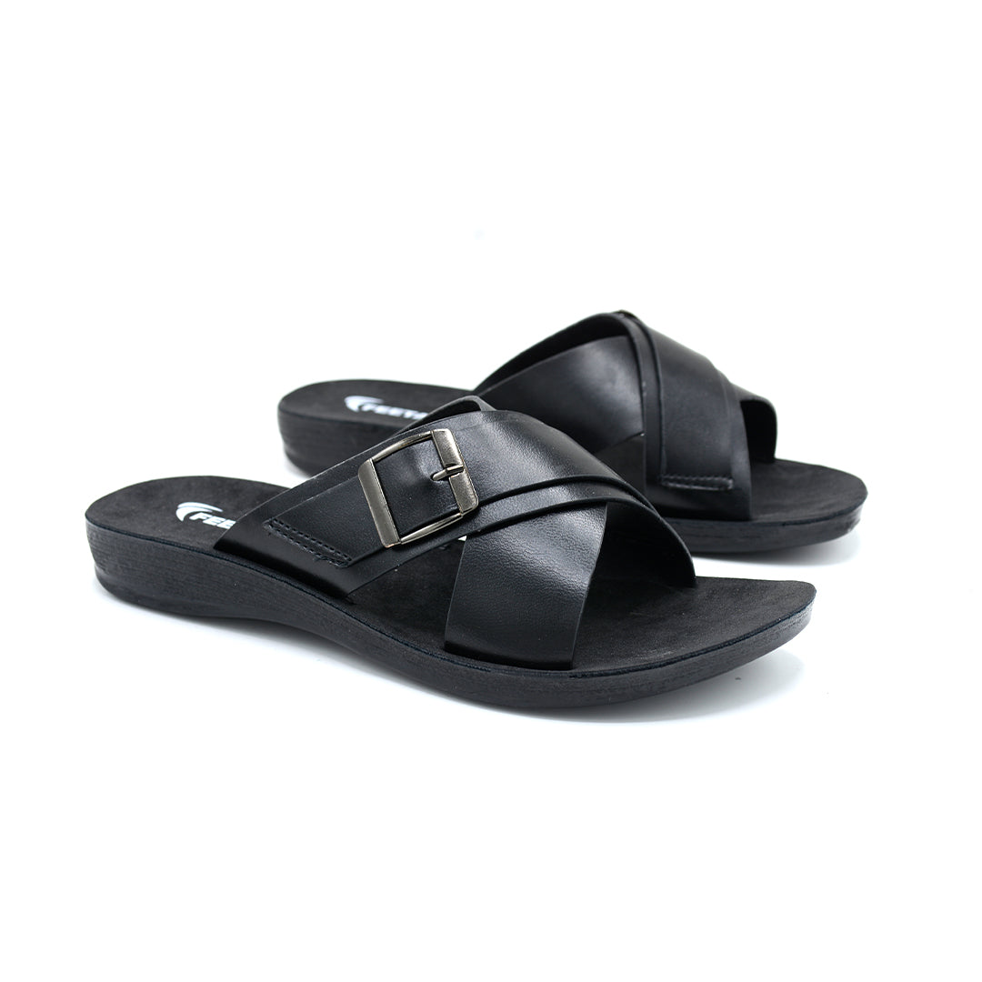 Cross-Strap Buckle Slide Sandal in Black