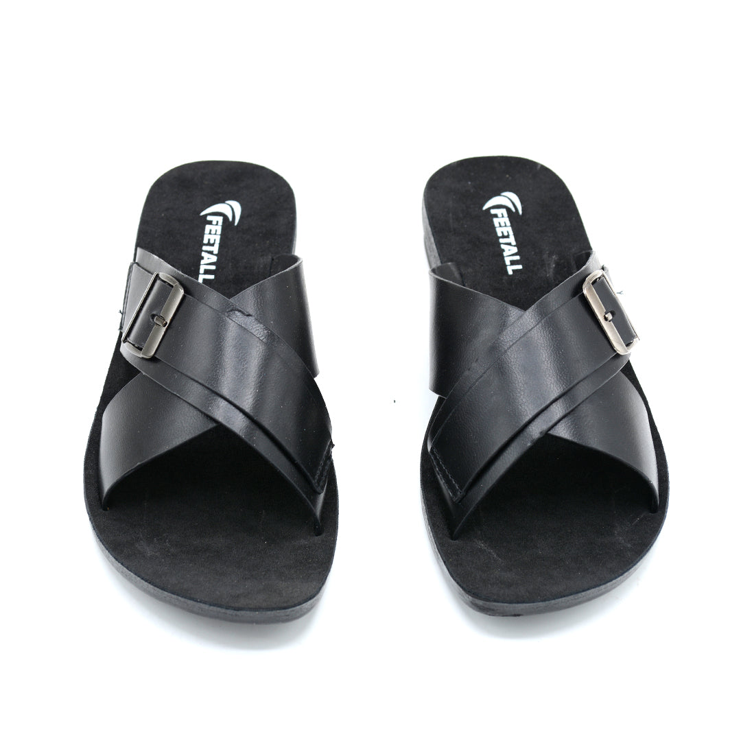 Cross-Strap Buckle Slide Sandal in Black