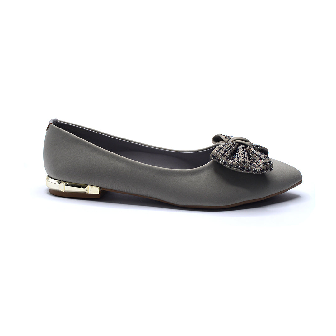 Grey Embellished Bow Pointed-Toe Flats