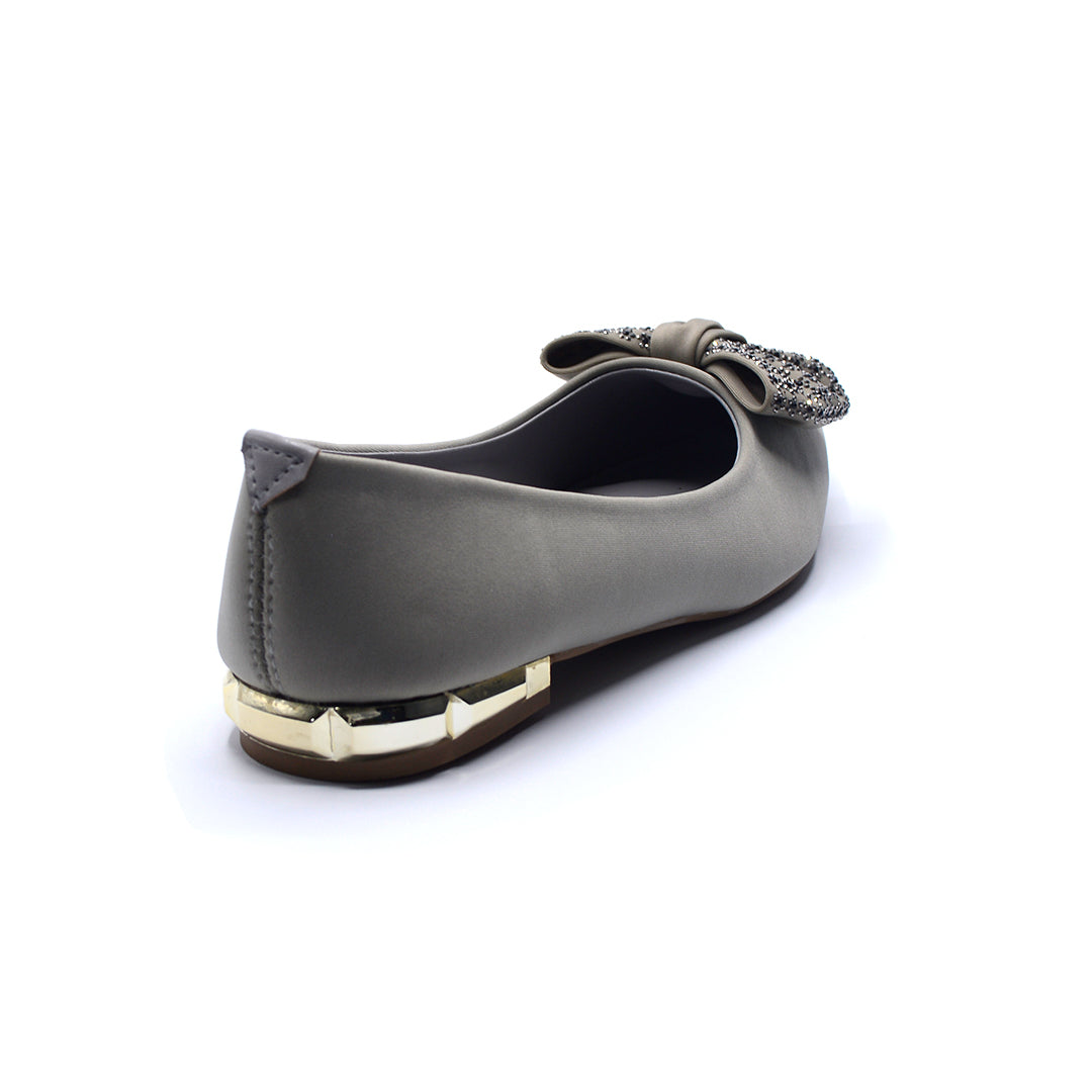 Grey Embellished Bow Pointed-Toe Flats