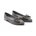 Grey Embellished Bow Pointed-Toe Flats