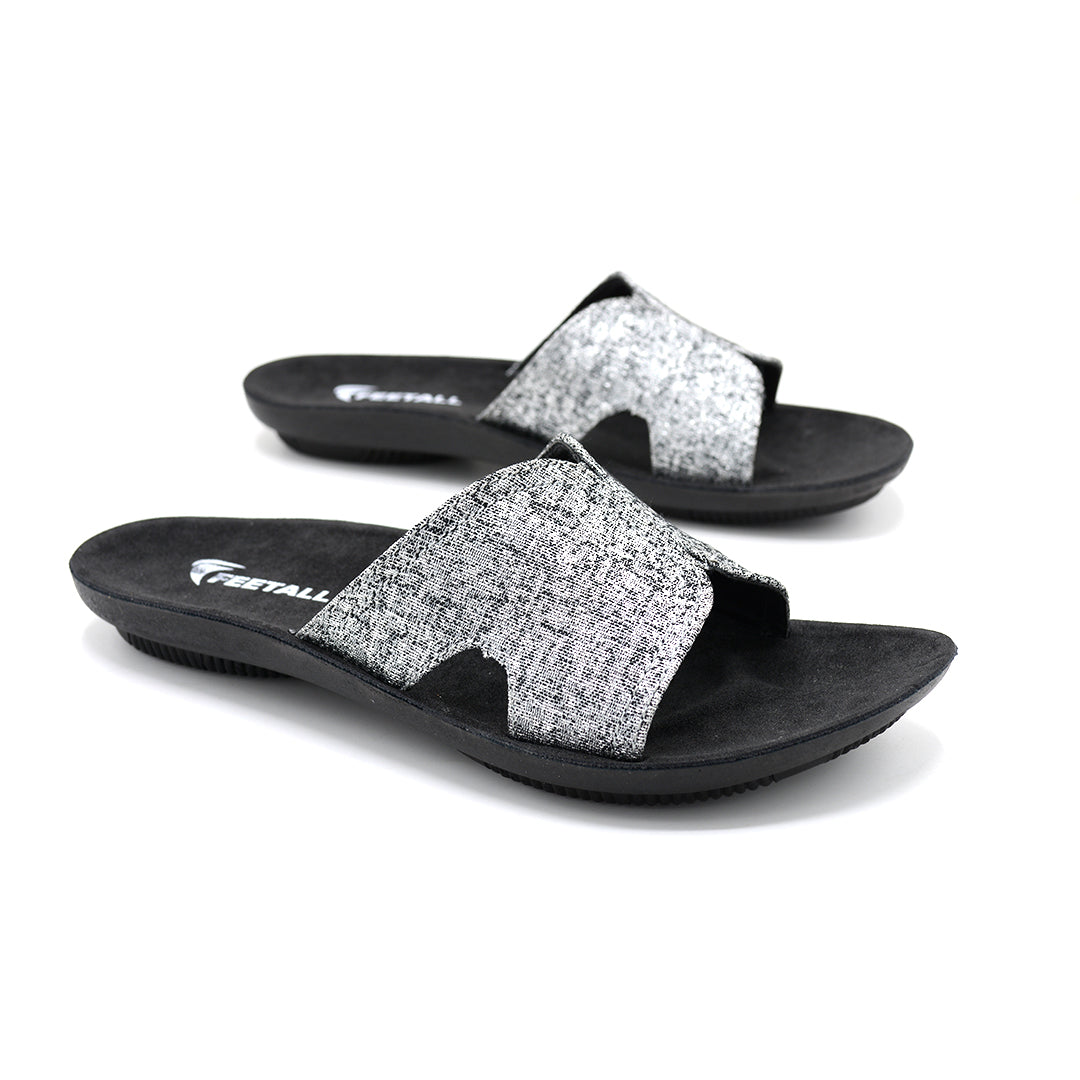 Silver Glitter Slide Sandals With Black Sole