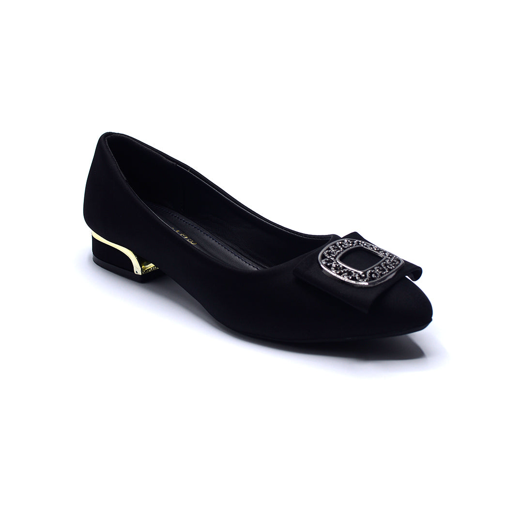 Black Embellished Buckle Low-Heel Flats