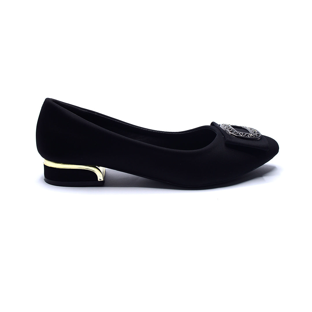 Black Embellished Buckle Low-Heel Flats