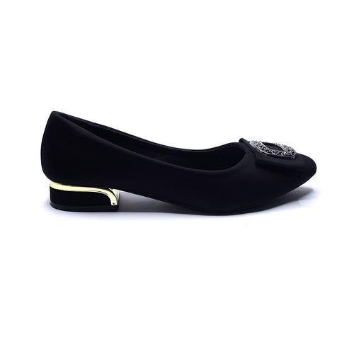 Black Embellished Buckle Low-Heel Flats