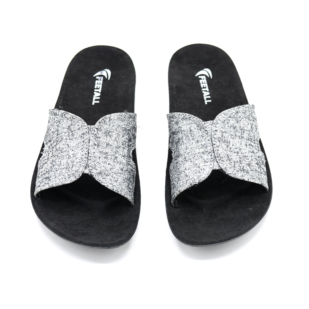 Silver Glitter Slide Sandals With Black Sole