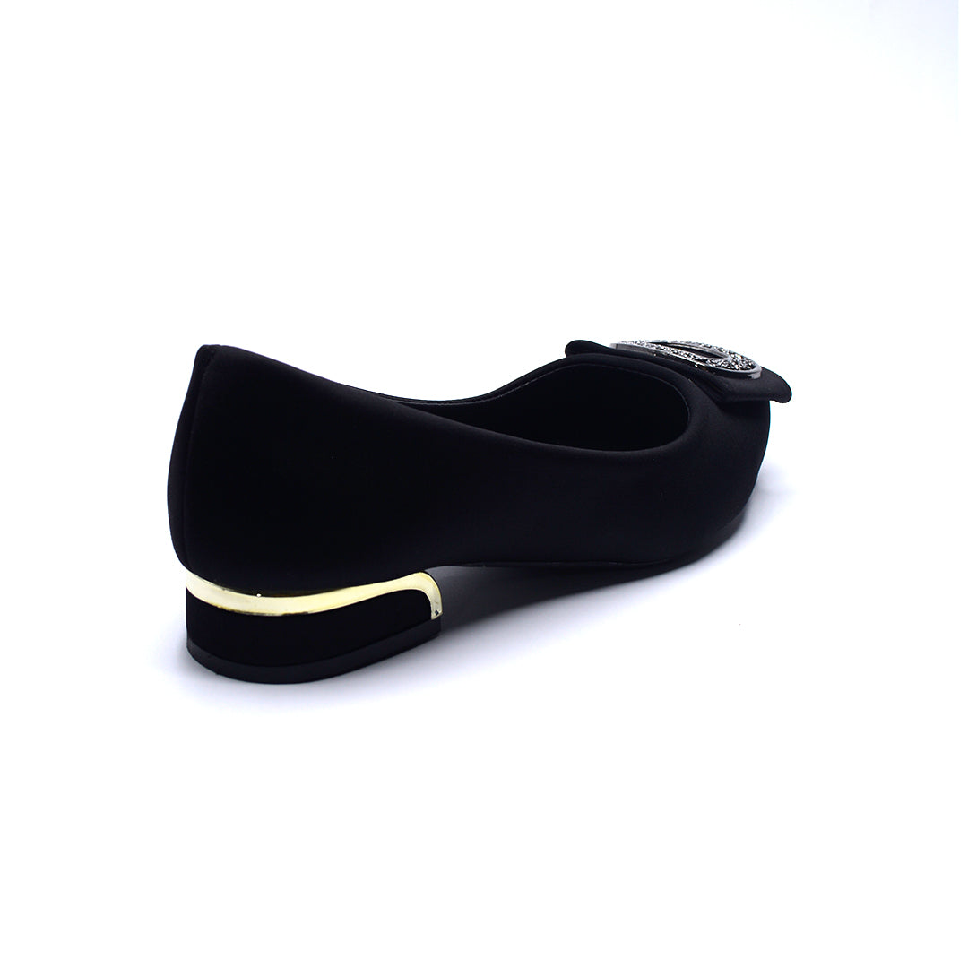 Black Embellished Buckle Low-Heel Flats