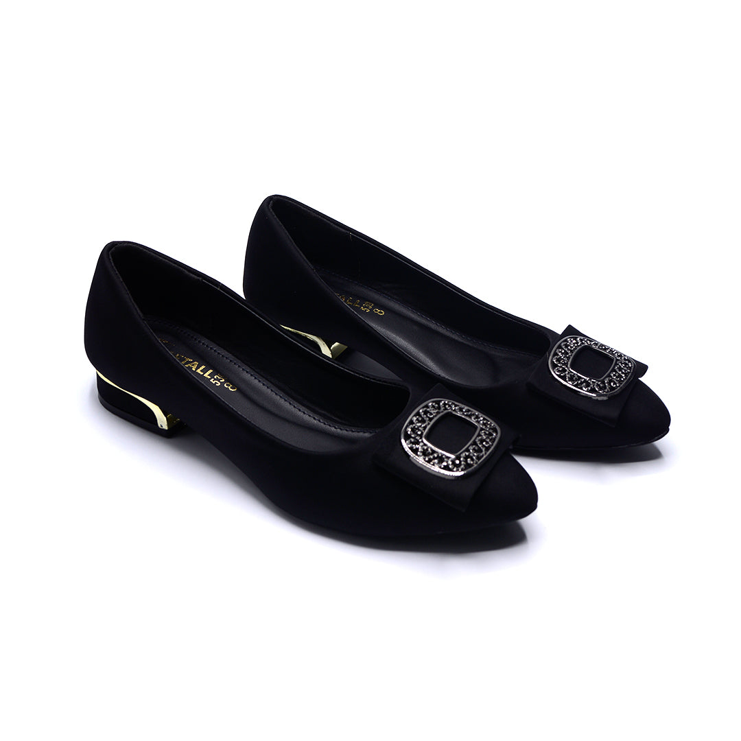 Black Embellished Buckle Low-Heel Flats