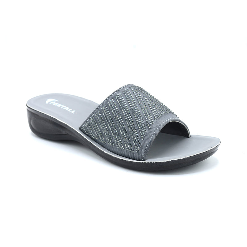 Rhinestone Glam Grey Wedge Slide Sandal