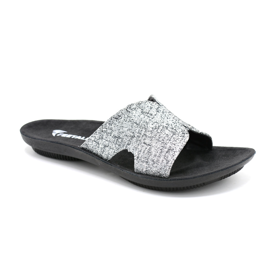 Silver Glitter Slide Sandals With Black Sole